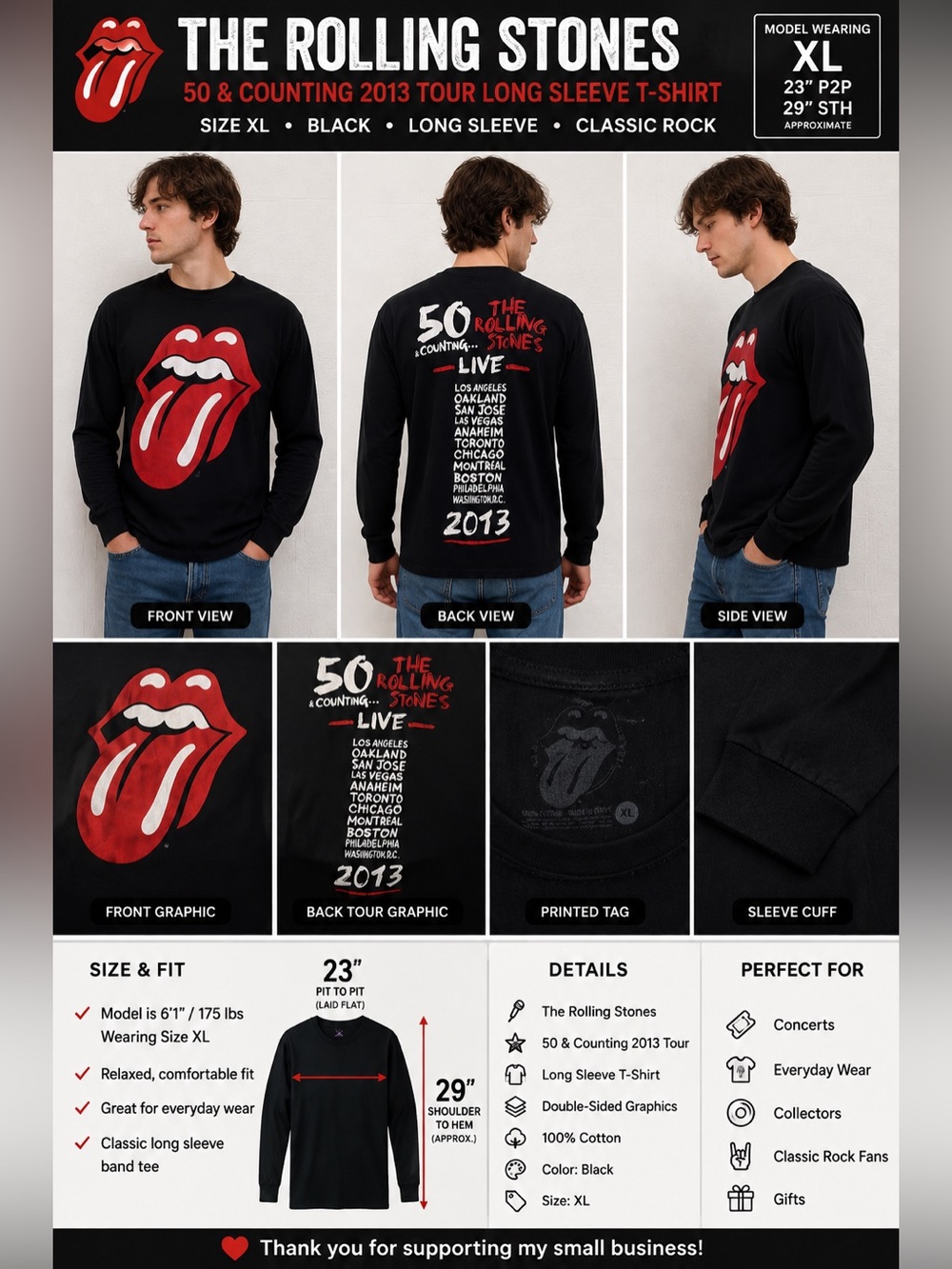 Rolling Stones 50 & Counting 2013 Tour Long Sleeve Shirt Black XL Tongue